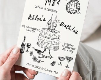 VINTAGE 1984 40e verjaardagsuitnodiging voor feest - bewerkbare digitale download, retro thema, handgetekende 40e verjaardag uitnodigen, Instant Download
