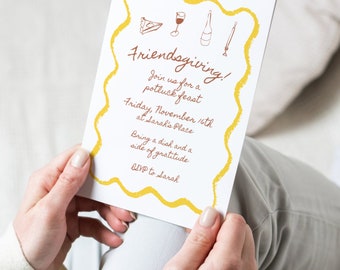 VRIENDENUITNODIGING - grillig handgetekende ontwerp | Funky uitnodiging voor Thanksgiving-feestje | Canvassjabloon | Direct downloaden