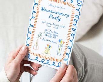 Grillige uitnodiging voor housewarmingfeest: funky handgetekende ontwerp (canvasjabloon)