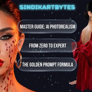 Puede incluir: Imagen de una mujer con lápiz labial rojo y maquillaje dramático, con una granada y salpicaduras de sangre. El texto dice "SINDİKARBYTES", "MASTER GUIDE: AI PHOTOREALISM", "FROM ZERO TO EXPERT" y "THE GOLDEN PROMPT FORMULA".