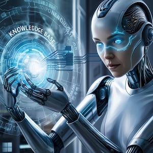Peut inclure: Un robot humanoïde blanc aux yeux bleus lumineux interagit avec une interface numérique. L'interface est un graphique circulaire bleu et blanc avec le texte "KNOWLEDGE BASE" dans un cercle bleu.