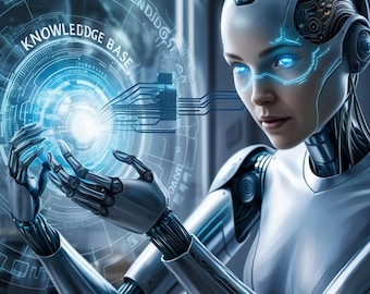May include: A white humanoid robot with blue glowing eyes interacts with a digital interface. The interface is a circular blue and white graphic with the text "KNOWLEDGE BASE" in a blue circle.