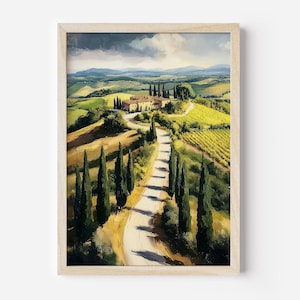 Pintura al óleo de paisaje de la Toscana, arte imprimible de la naturaleza, pintura de la campiña italiana, arte de pared rústico para sala de estar, decoración del hogar de estilo rústico