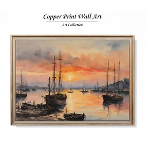 Impresión vintage de puesta de sol en un puerto marítimo / Impresiones de estilo costero / Pintura al óleo de paisaje marino / Decoración de pared marítima / Arte de pared antiguo / Descarga digital