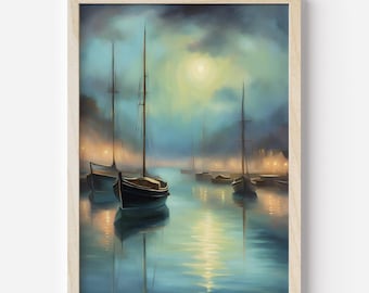 May include: A painting of a foggy harbor scene with several sailboats at anchor. The sky is a soft blue with a bright moon shining through the clouds. The water is calm and reflective, with the boats' reflections visible.