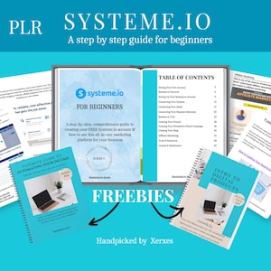 Könnte beinhalten: Ein blaues und weißes Bild mit dem Text "SYSTEME.IO" und "Eine Schritt-für-Schritt-Anleitung für Anfänger". Das Bild zeigt ein Buch mit dem Titel "Systeme.io for Beginners" und ein Inhaltsverzeichnis. Das Bild zeigt auch drei weitere Bücher mit den Titeln "Ultimate Guide to Automating Your Income", "Freebies" und "Intro to Digital Products".