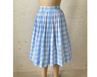 Vintage 1950s Skirt Gingham Navy and White Circle Skirt With Ruffle XS 25 Waist