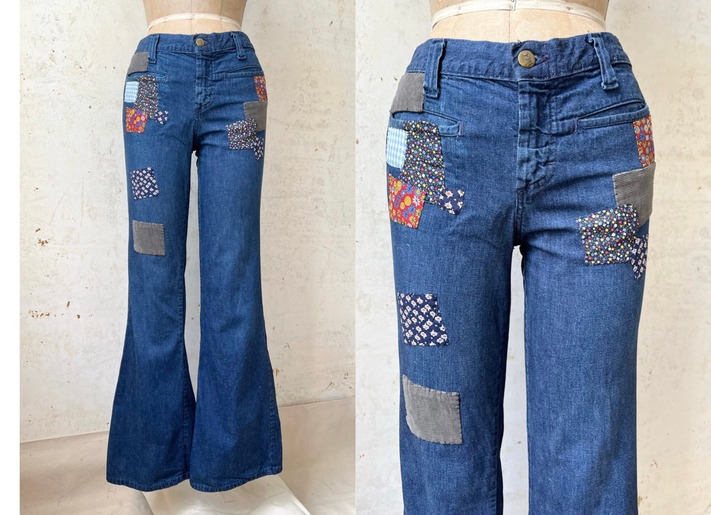 Vintage 1970s Distressed Embroidered LEE Sailor Flares Bell