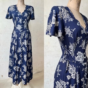 Vintage 90’s Jamie Brooke Navy Floral Print Rayon Corset Lace Maxi Dress sz 36” Chest  Md