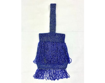 Vintage 20’s Cobalt Beaded Crocheted Flapper Wristlet Purse Handbag Small