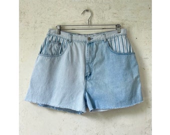 Vintage des années 80 Gitano Patchwork Colorblock Stripe Denim Jeans Shorts Denim Jorts sz 36" Taille XL Plus