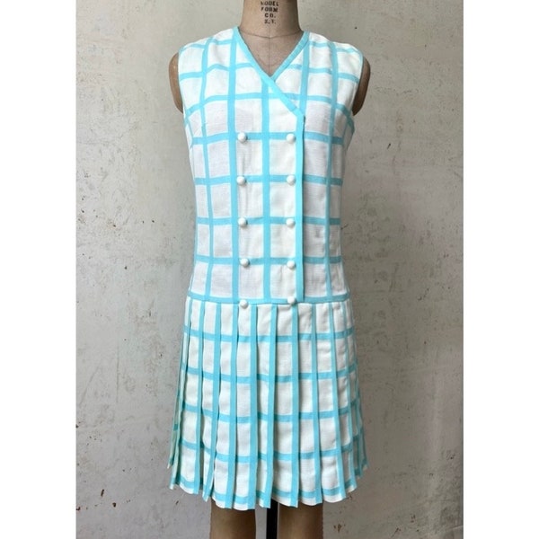 Vintage R & K Originals 60’s does 20’s Blue White Plaid  Dropwaist Tennis Dress Pleated Skirt sz 35” Chest Sm Md