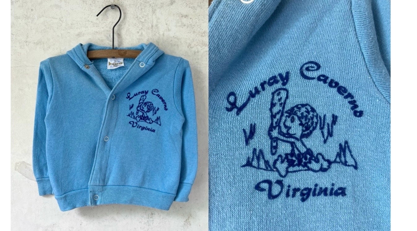 Vintage 60's 70's Kids Luray Caverns Blue Snap Hoodie Sweatshirt