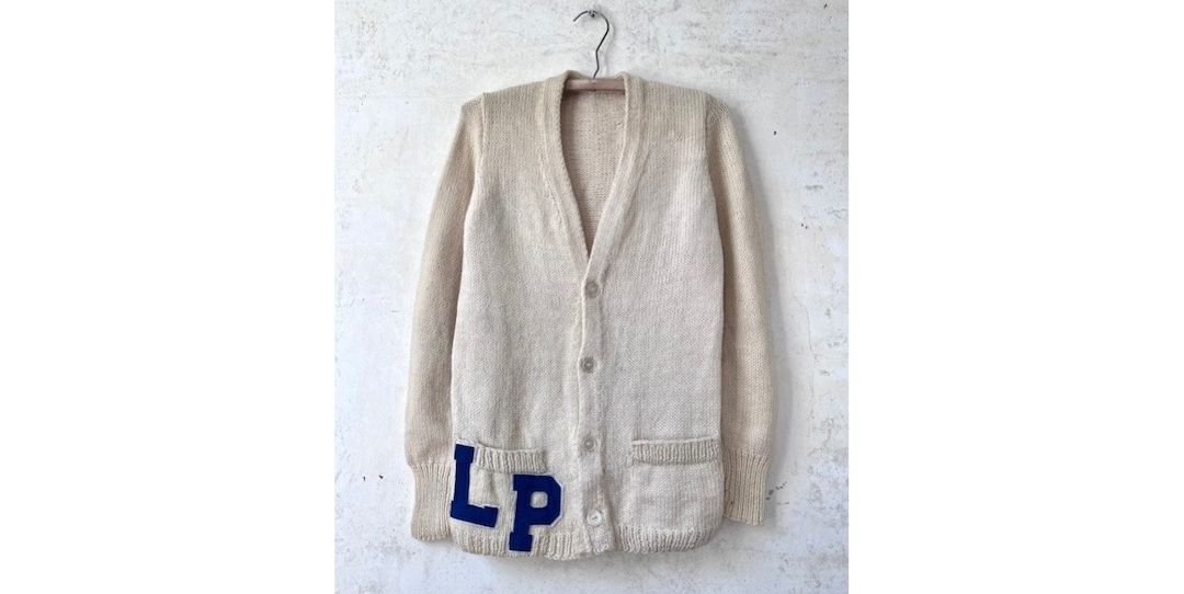 Vintage 50's 60's White Letterman Cardigan Sweater With Navy
