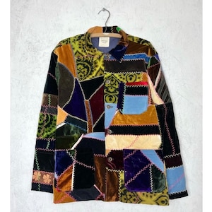 Handmade Vintage Velvet Patchwork Embroiderex Crazy Quilt Chore Coat sz 42” Chest Md Made in USA