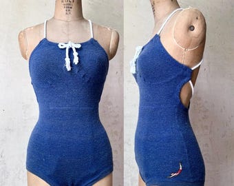 Vintage 30’s Jantzen Blue Wool Nautical Halter Style Swimsuit Playsuit Romper sz 30-32” Chest Xxs