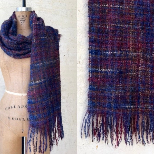 Vintage 80’s Purple Multicolor Mohair Plaid Wool Scarf sz 76” x 20”