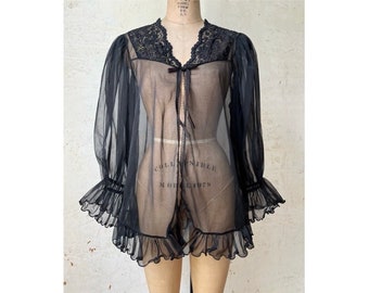 Vintage 80’s Black Sheer Lace Ruffle Bed Jacket Top sz 36- 44” Chest Md Lg