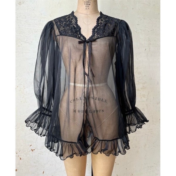 Vintage 80’s Black Sheer Lace Ruffle Bed Jacket Top sz 36- 44” Chest Md Lg