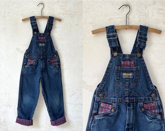 Vintage anni '80 Oshkosh Kids Plaid Trim Stripe Denim Salopette 21" Vita sz 4T made in USA