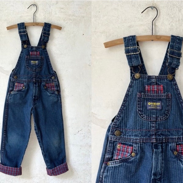 Vintage 80’s Oshkosh Kids Plaid Trim Stripe Denim Overalls 21” Waist sz 4T made in USA