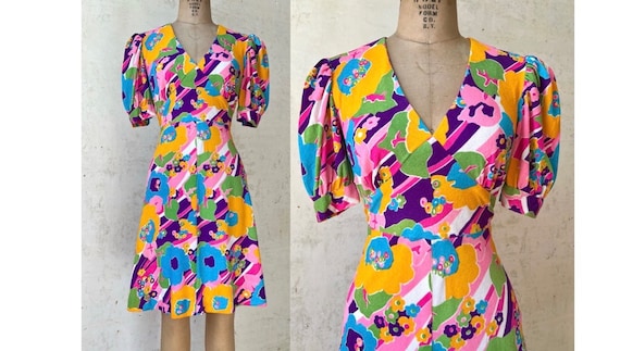 Vintage 60’s 70’s Neon Psychadelic Floral Print P… - image 1