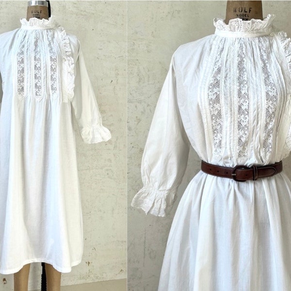 Vintage 1900's Edwardian Era Rüschen Öse Spitze Baumwollhemd Kleid Nachtkleid Größe 50 "Brust Lg