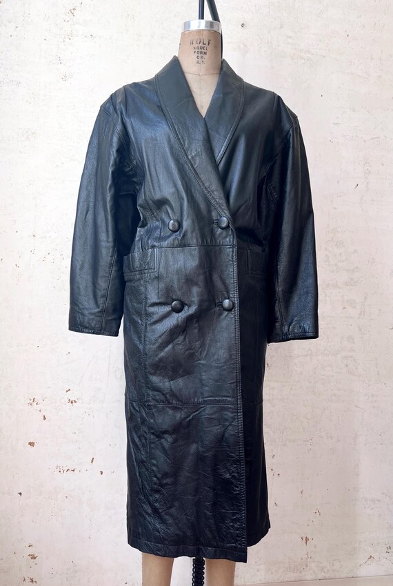 Vintage 80's Black Leather Shawl Collar Cocoon Style Maxi