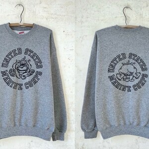 Vintage 80’s 90’s USMC Marine Corps Bulldog Graphic Grey Heather Fleece Pullover Sweatshirt sz 42” Chest Lg