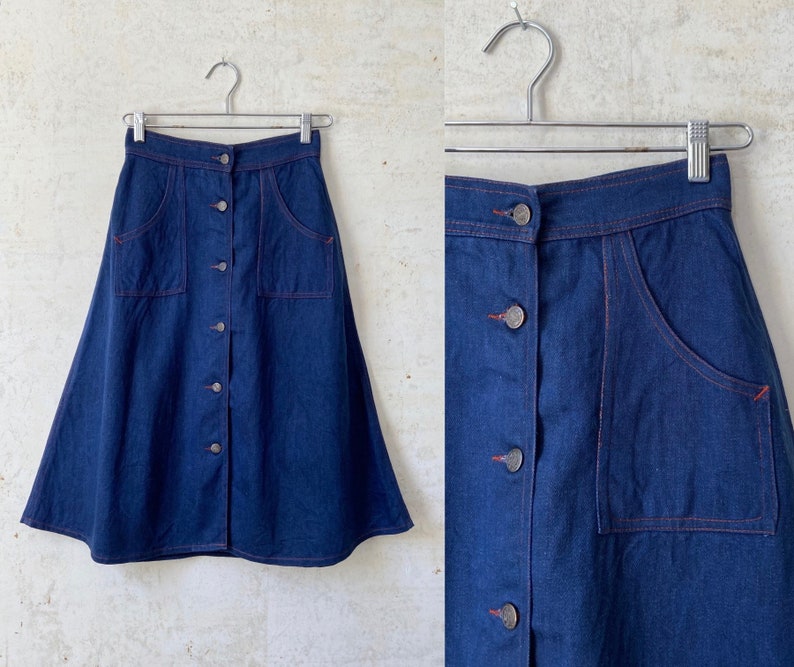 Vintage 70\u2019s Utility Pocket A Line Denim Skirt sz 26\u201d Waist Sm Xs