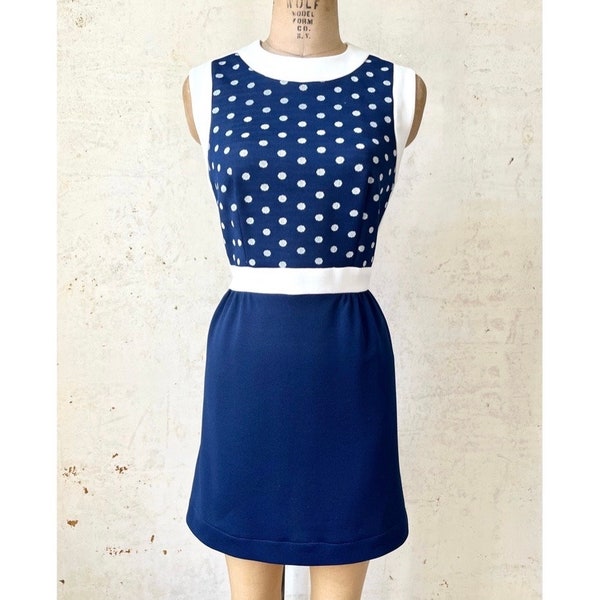Vintage 60’s 70’s Alison Ayre Mod Blue White Polka Dot Polyester Scooter Mini Dress sz 36” Chest Sm Md