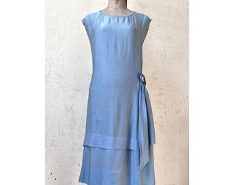 Vintage Edwardian 1920’s Sheer Pale Blue Silk Asymmetrical Drape Design Flapper Dress sz 36” Chest Sm