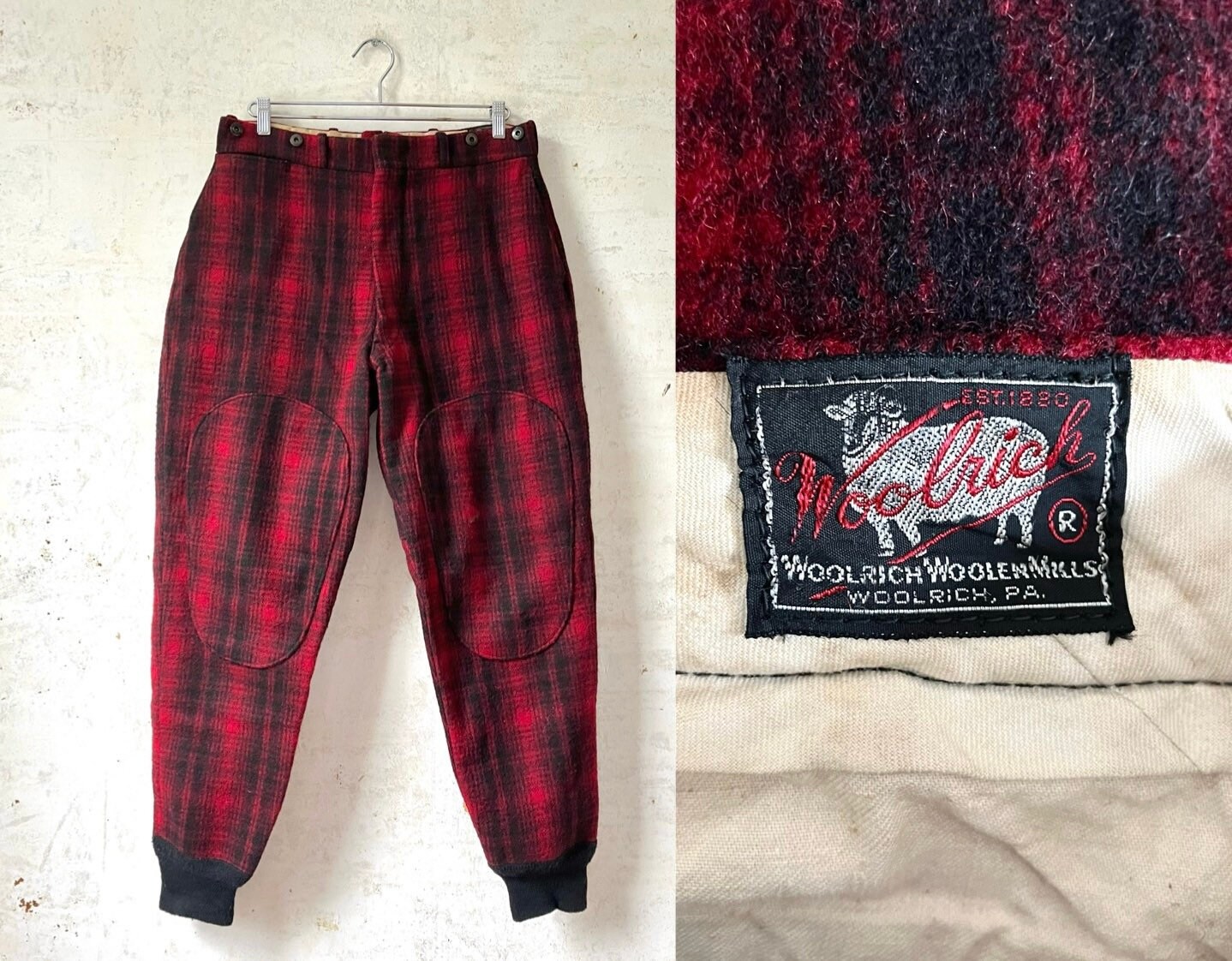Vintage 40’s 50’s Woolrich Buffalo Plaid Wool Hunting Pants Jodhpurs size 32” Waist Md