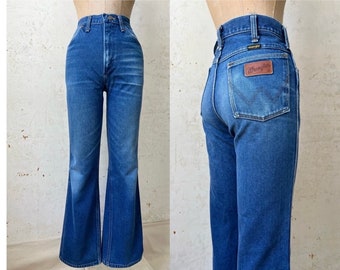 Vintage 70er Jahre Wrangler Faded Boot Cut Flare Jeans Größe 29" Taille 30" Schrittlänge Sm Md Hergestellt in den USA