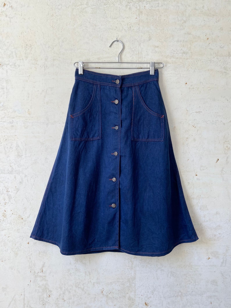 Vintage 70\u2019s Utility Pocket A Line Denim Skirt sz 26\u201d Waist Sm Xs