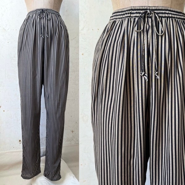 Vintage 80’s 90’s Ozone Black Tan Stripe Rayon Harem Hammer Style Pants sz 24-28” Waist Xs Sm Made in USA