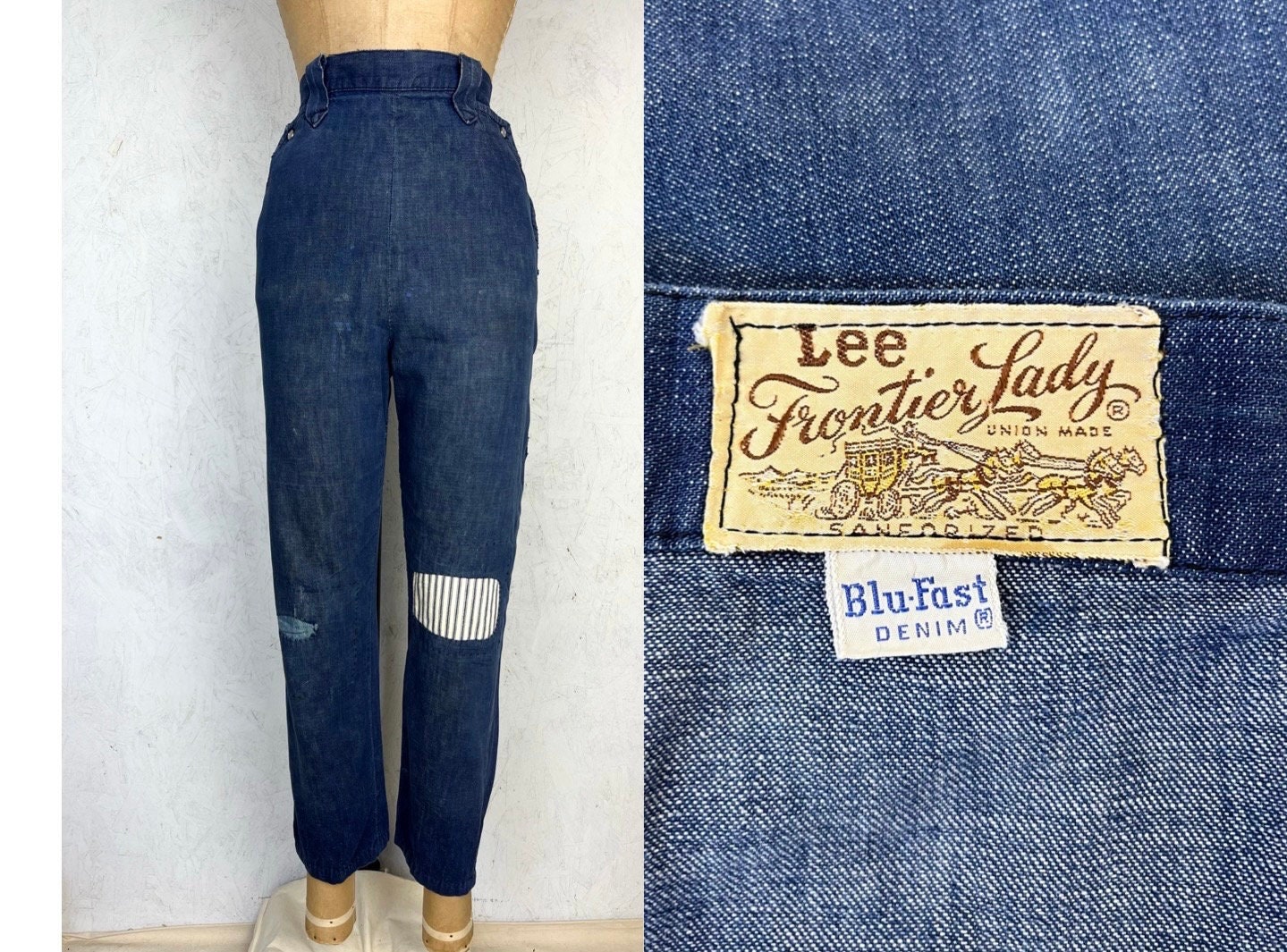 Vintage 40’s 50’s Lee Frontier Side Zip Denim Jeans Patch & Repair sz 28”  Waist 26” Inseam Sm Md Western Ranch Pants Dungarees