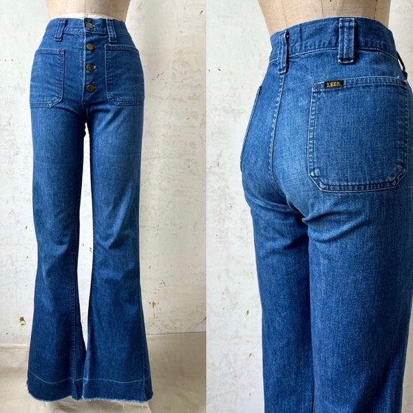 Vintage 70’s Lee Leens Denim Sailor Style Bell Bottom Button Fly Jeans sz 31” Waist 32” Inseam Sm Md