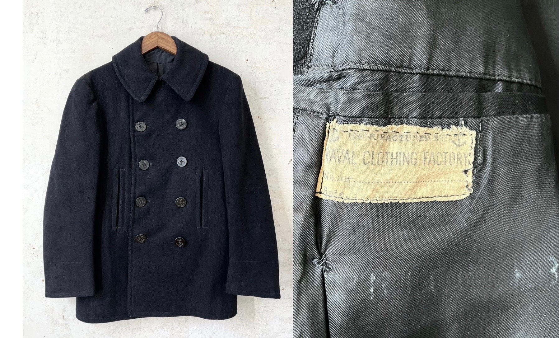 Vintage 40s WW2 USN 10 Button Navy Wool Pea Coat Jacket Sz Vintage 40s WW2 USN 10 Button Navy Wool Pea Coat Jacket Sz