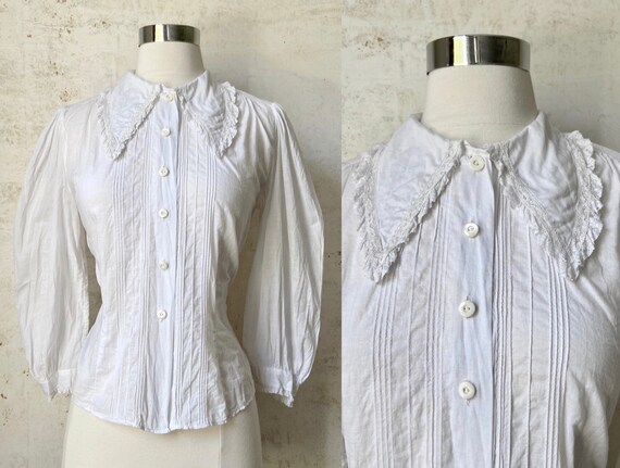Vintage 1910’s White Cotton Blouse Lace Dagger Col