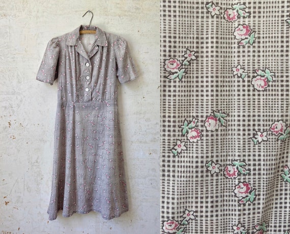Vintage 30’s 40’s Feedsack Floral Plaid Print Hand