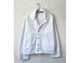 Vintage 60’s 70’s Stone Cutter White HBT Chore Workwear Coat Barn Cropped Work Jacket sz 44” Chest Md