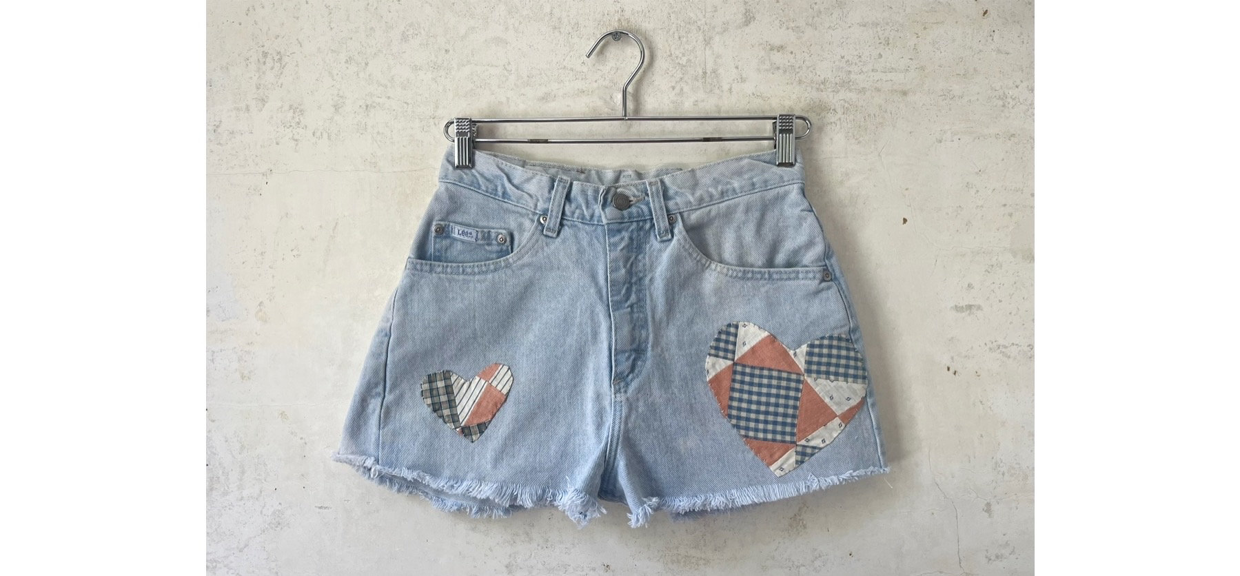 Vintage 80's Quilt Heart Patched Lee Light Denim Cut off