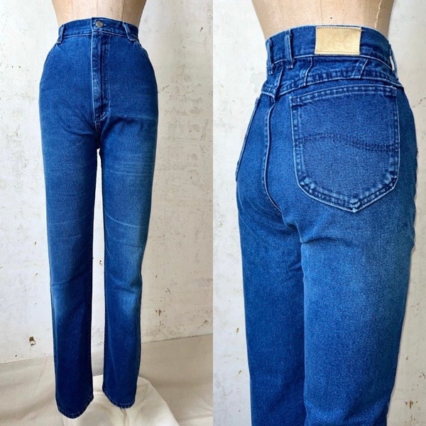 Vintage 80er Jahre Lee Riders Dunkelblau Overdye Denim Taper Leg Mom Jeans sz 31 "Taille 30" Schrittlänge Md Made in USA