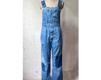 Vintage 50’s 60’s Big Smith Low Back Patch & Repair Thrashed Denim Workwear Farm Overalls sz 32” Waist 30” Inseam Sm