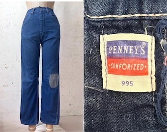 Vintage 50’s 60’s Penney’s Sanforized Workwear Carpenter Thrashed Denim Jeans Patch & Repair sz 25” Waist xs