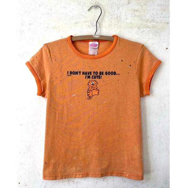 Vintage 90’s Heathcliff Orange Cat French Cut Girlie Baby Ringer Tee Thrashed sz 35” Chest Sm Md