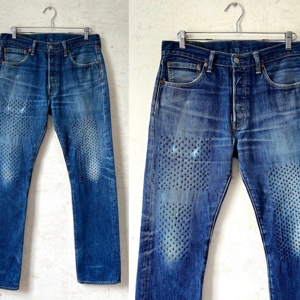 Vintage 90’s 00’s Levi’s 501 Thrashed & Repair Sashiko Hand Stitch Straight Leg Button Fly Jeans sz 34” Waist 34 1/2” Inseam Made in USA
