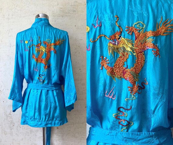Vintage Rayon Dragon Hand Embroidered Robe 42” Che