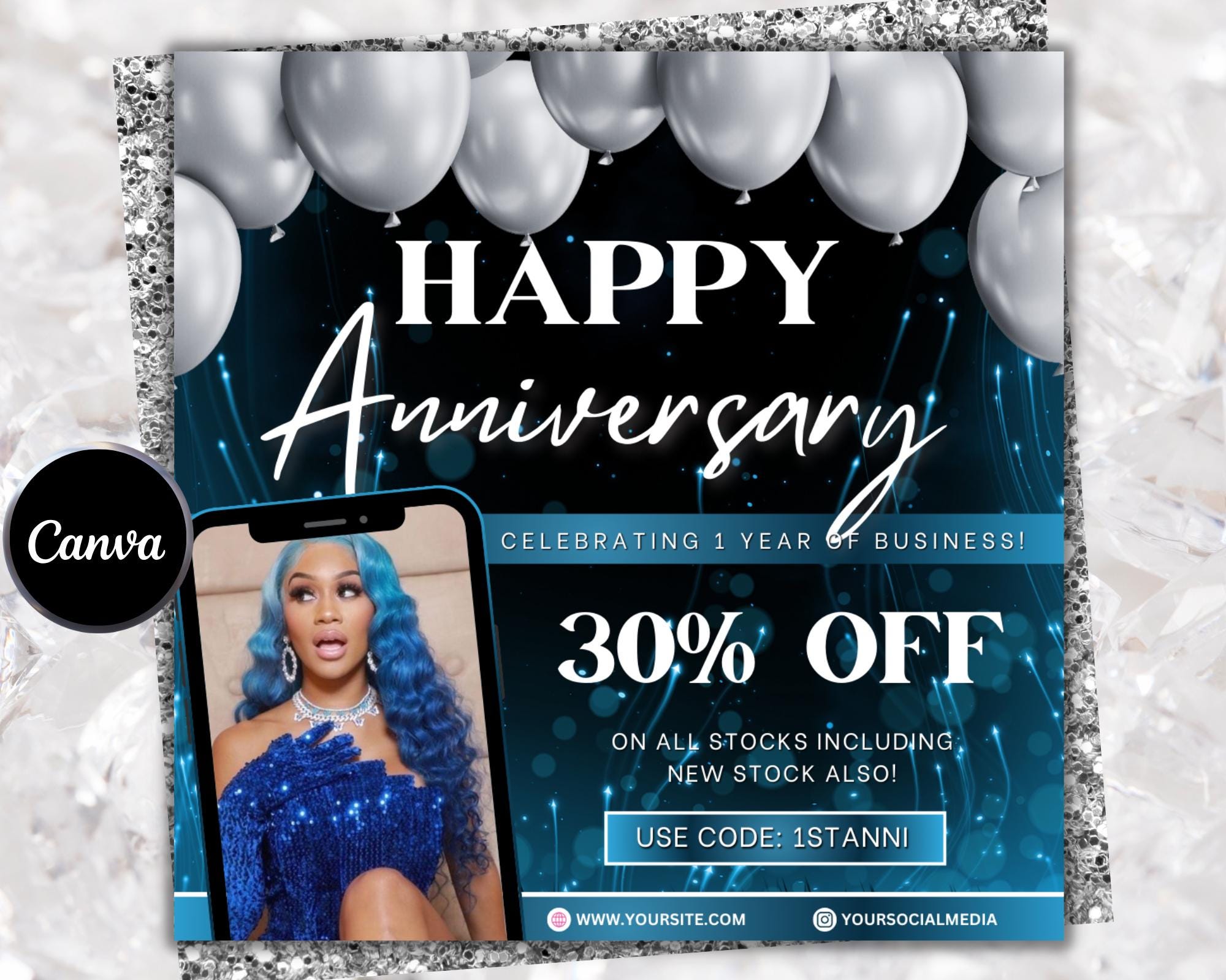 Folheto de aniversário empresarial, folheto de aniversário de peruca, cílios, cabelo, unha, folheto de aniversário de CEO, folheto de celebração, folheto de venda de aniversário empresarial Canva